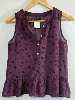 GAP Sheer Floral Blouse in Plum with Black Print